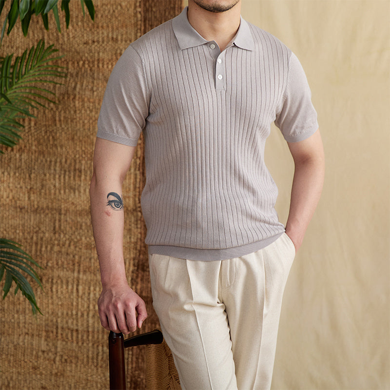 Slim Fit Sunken Stripe Polo Shirt Tencel Cotton Knit Breathable T-shirt