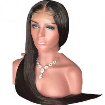 Ladies Mid-length Straight Hair Black Synthetic Front Lace Wig Headgear