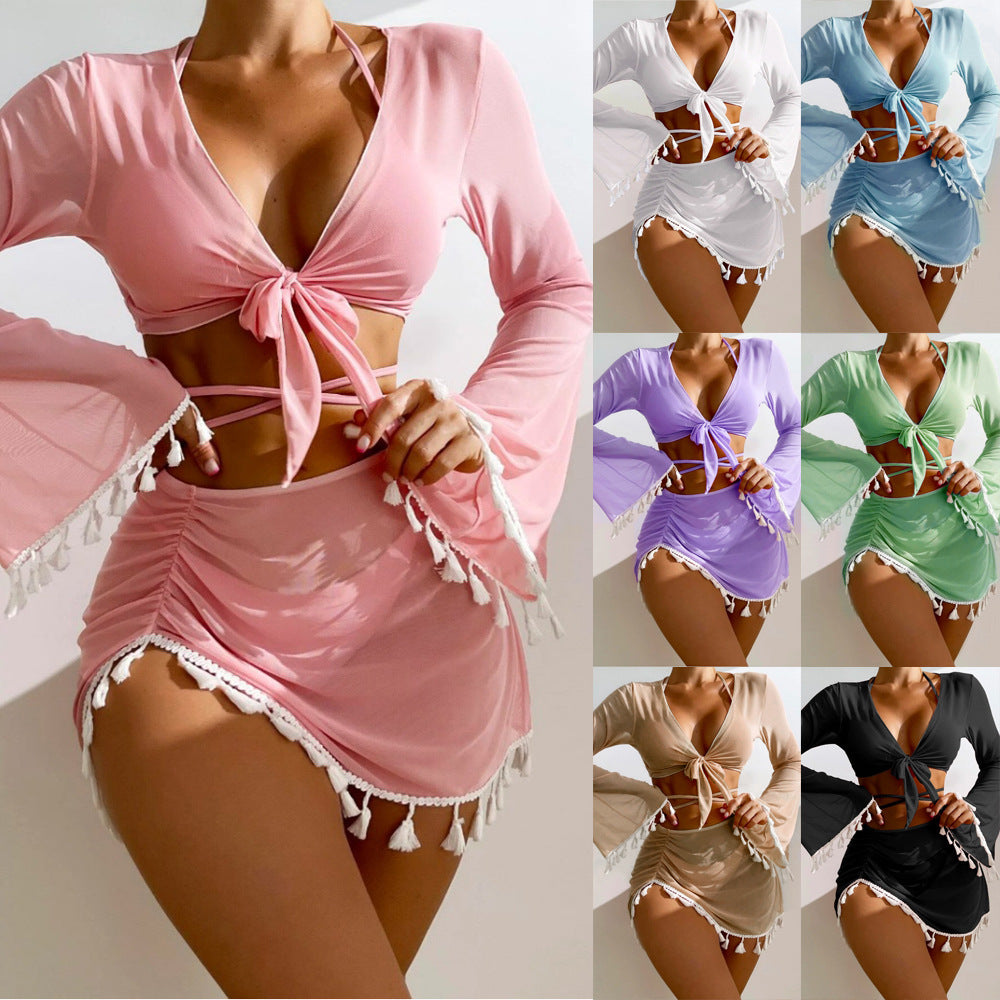 4pcs Solid Color Bikini With Short Skirt And Long Sleeve Cover-up Fashion Bow Tie Fringed Swimsuit Set Summer Beach Womens Clothing - HJG