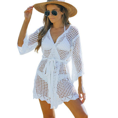 Women's New Knitted Crochet Cutout Tie Beach Blouse - HJG