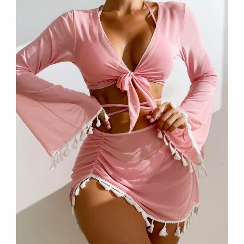 4pcs Solid Color Bikini With Short Skirt And Long Sleeve Cover-up Fashion Bow Tie Fringed Swimsuit Set Summer Beach Womens Clothing - HJG