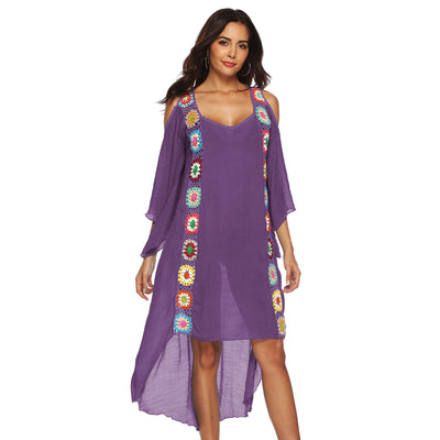 Rainbow Color Hand Crochet Flower Stitching Strapless Irregular Beach Dress Robe - HJG