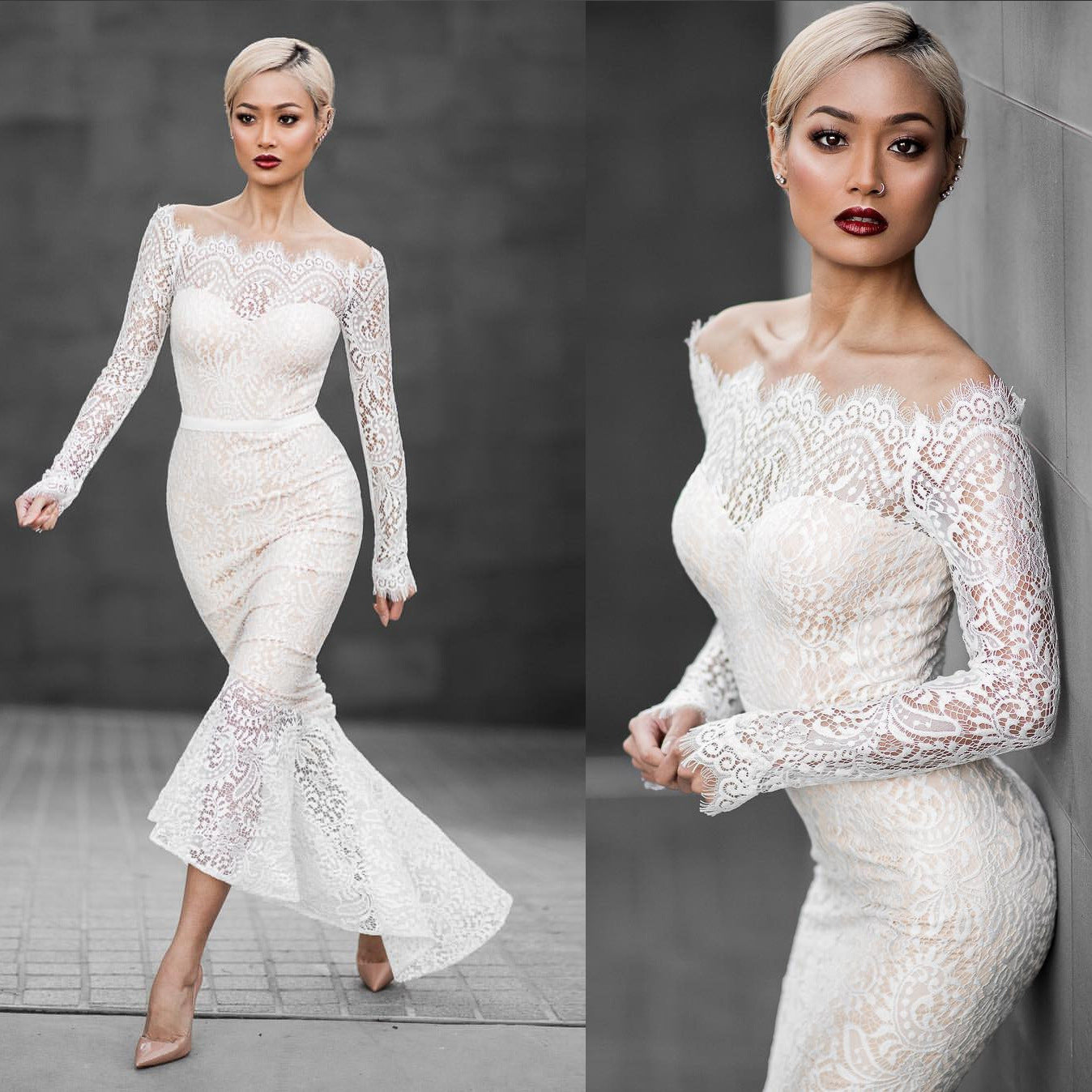 Fishtail Dress Strapless Shoulder Long Sleeve Lace Gown