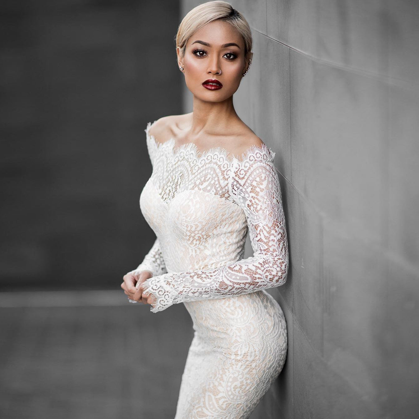 Fishtail Dress Strapless Shoulder Long Sleeve Lace Gown