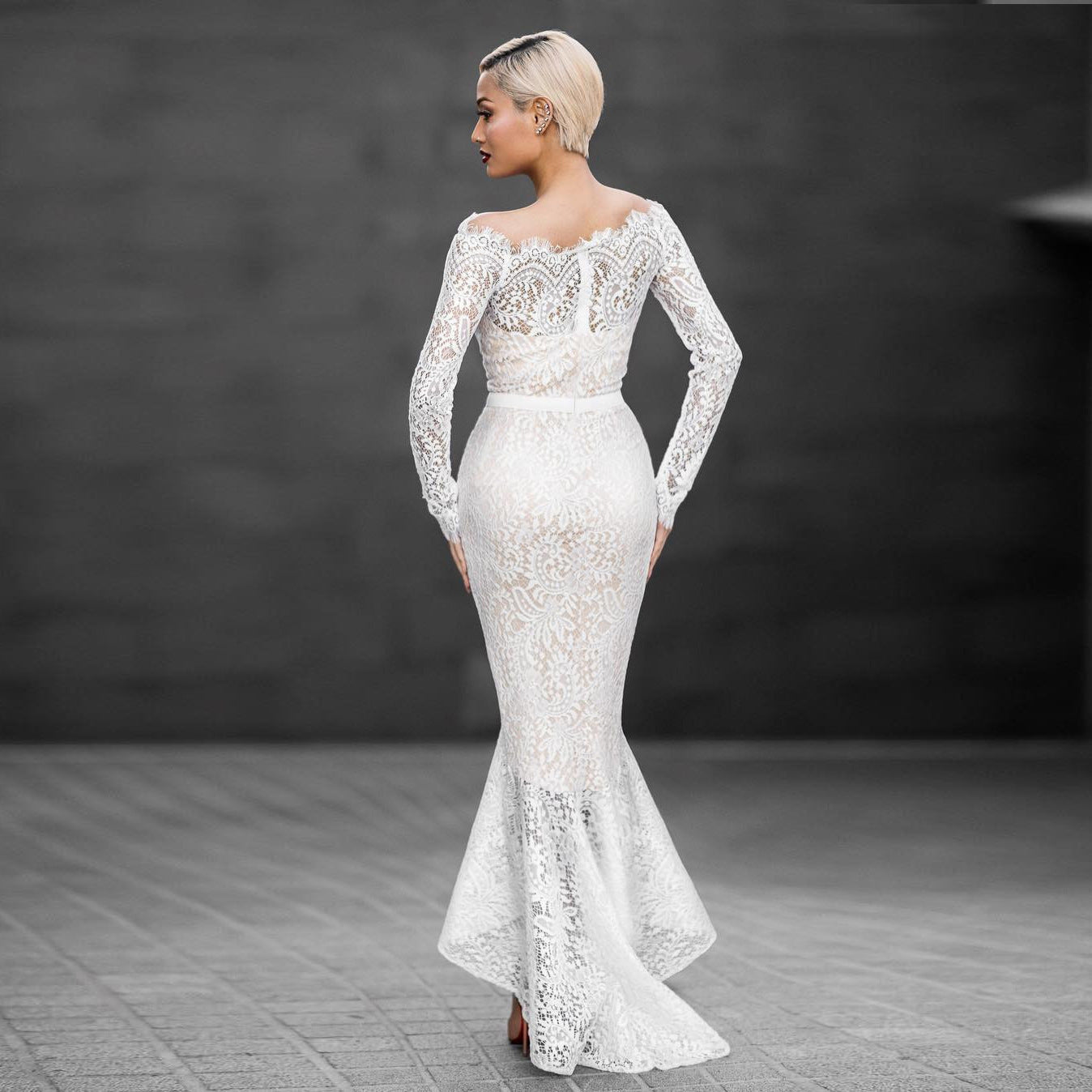 Fishtail Dress Strapless Shoulder Long Sleeve Lace Gown