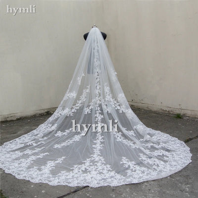 118" Long, 110" Wide 1 Layer Lace Applique Wedding Veil Cathedral Length Bridal Veil with Comb - HJG