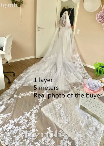 118" Long, 110" Wide 1 Layer Lace Applique Wedding Veil Cathedral Length Bridal Veil with Comb - HJG