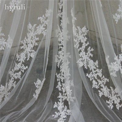 118" Long, 110" Wide 1 Layer Lace Applique Wedding Veil Cathedral Length Bridal Veil with Comb - HJG