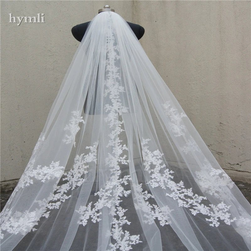 118" Long, 110" Wide 1 Layer Lace Applique Wedding Veil Cathedral Length Bridal Veil with Comb - HJG