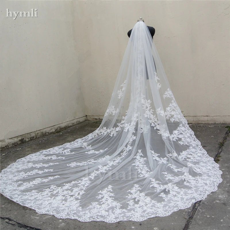 118" Long, 110" Wide 1 Layer Lace Applique Wedding Veil Cathedral Length Bridal Veil with Comb - HJG