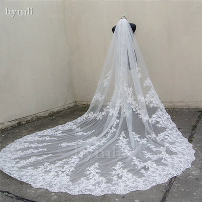 118" Long, 110" Wide 1 Layer Lace Applique Wedding Veil Cathedral Length Bridal Veil with Comb - HJG