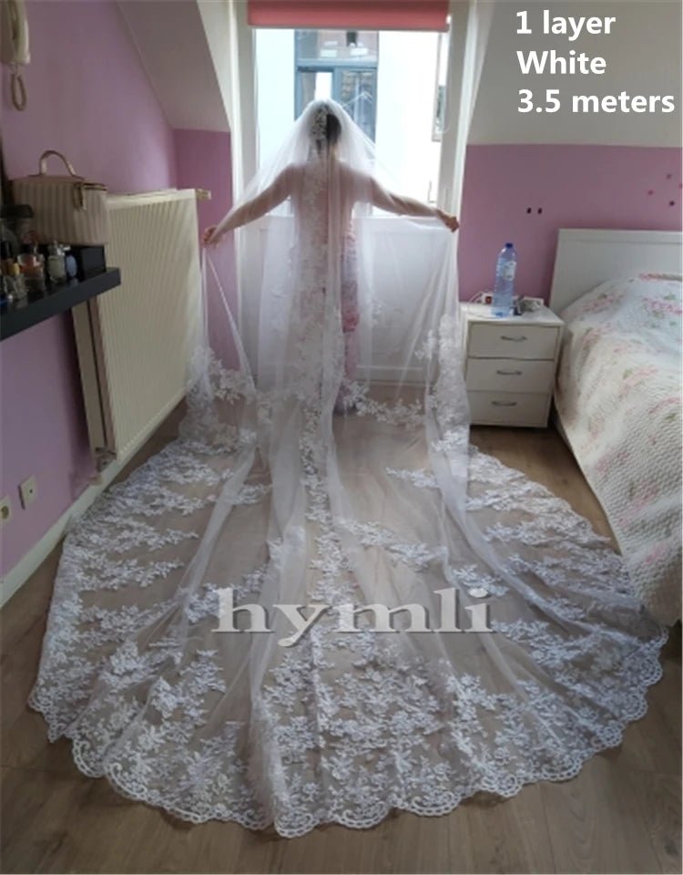 118" Long, 110" Wide 1 Layer Lace Applique Wedding Veil Cathedral Length Bridal Veil with Comb - HJG