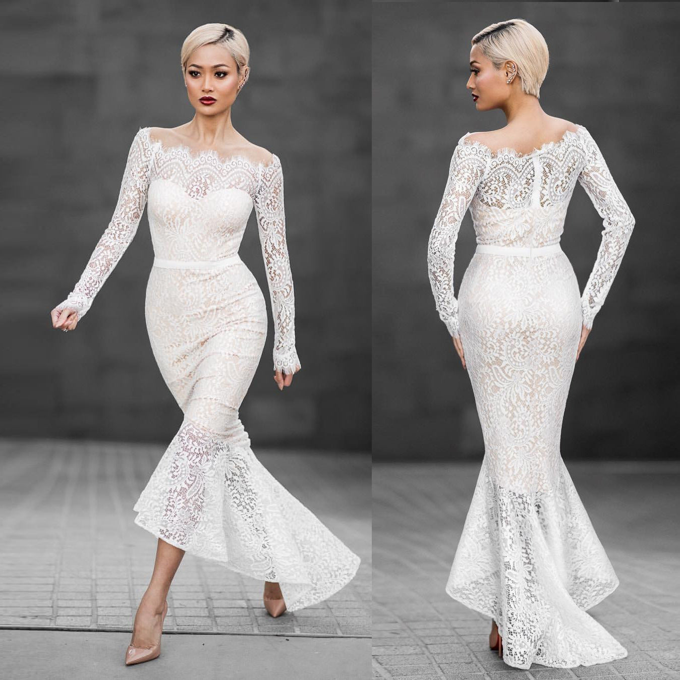 Fishtail Dress Strapless Shoulder Long Sleeve Lace Gown