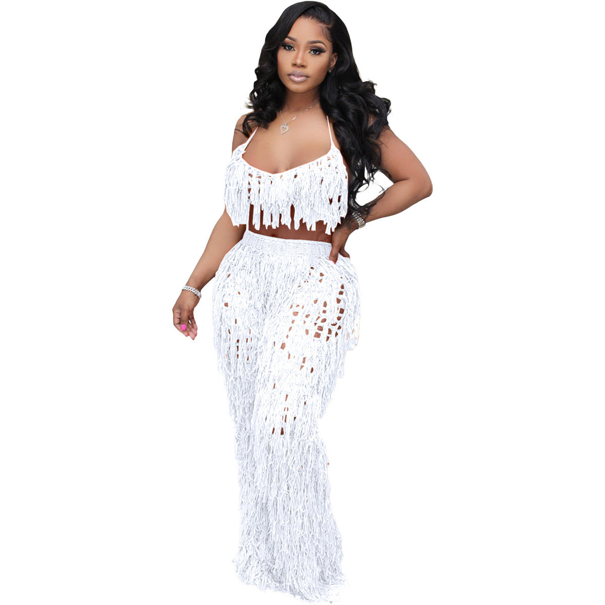 European And American Urban See-through Knitted Hand Crochet Tassel Beach Suit - HJG