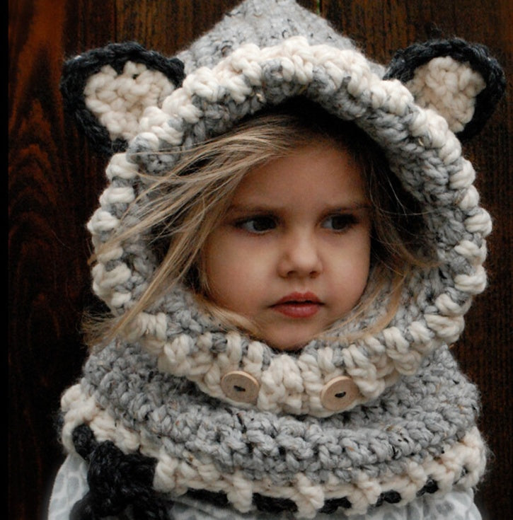 Children's wool knit hat hand-knitted warm earmuffs cape caps for men and women