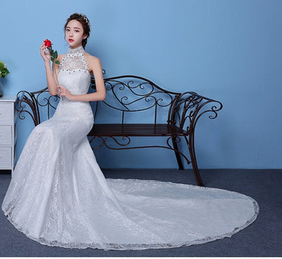 Big red wedding dress bride large size waist fishtail wedding dress palace fishtail tail Korean hanging neck