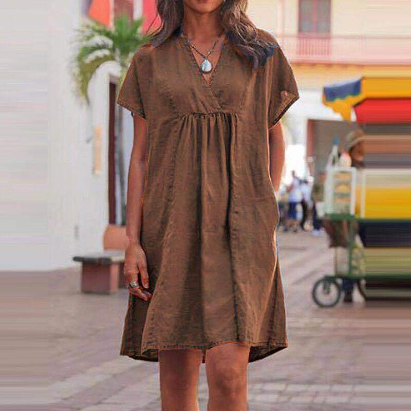 Short Sleeve Stitching V-neck Dress