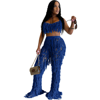 European And American Urban See-through Knitted Hand Crochet Tassel Beach Suit - HJG