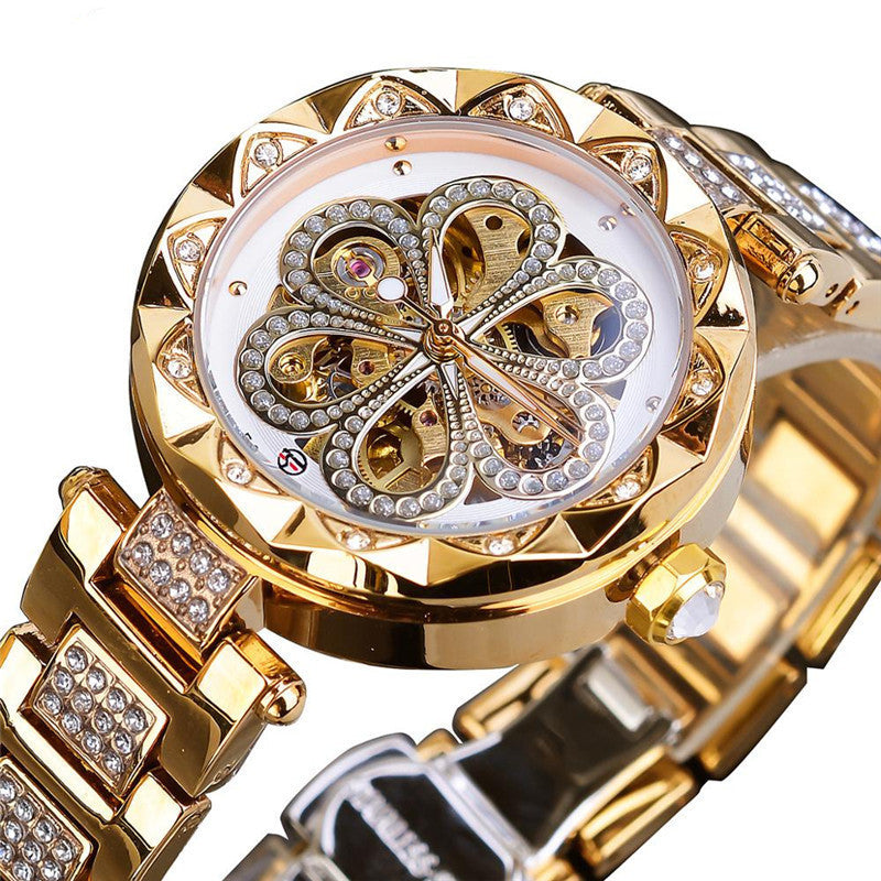 Forsining Mechanical Automatic Ladies Watches Top Brand Luxury Rhinestone Female Wrist Watches Rose Gold Stainless Steel Clock - HJG