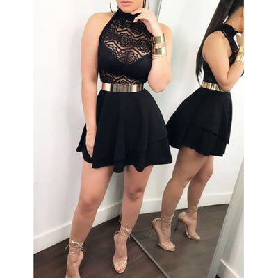 Summer Sexy Lace Stitching Short Skirt Evening Mini Dress