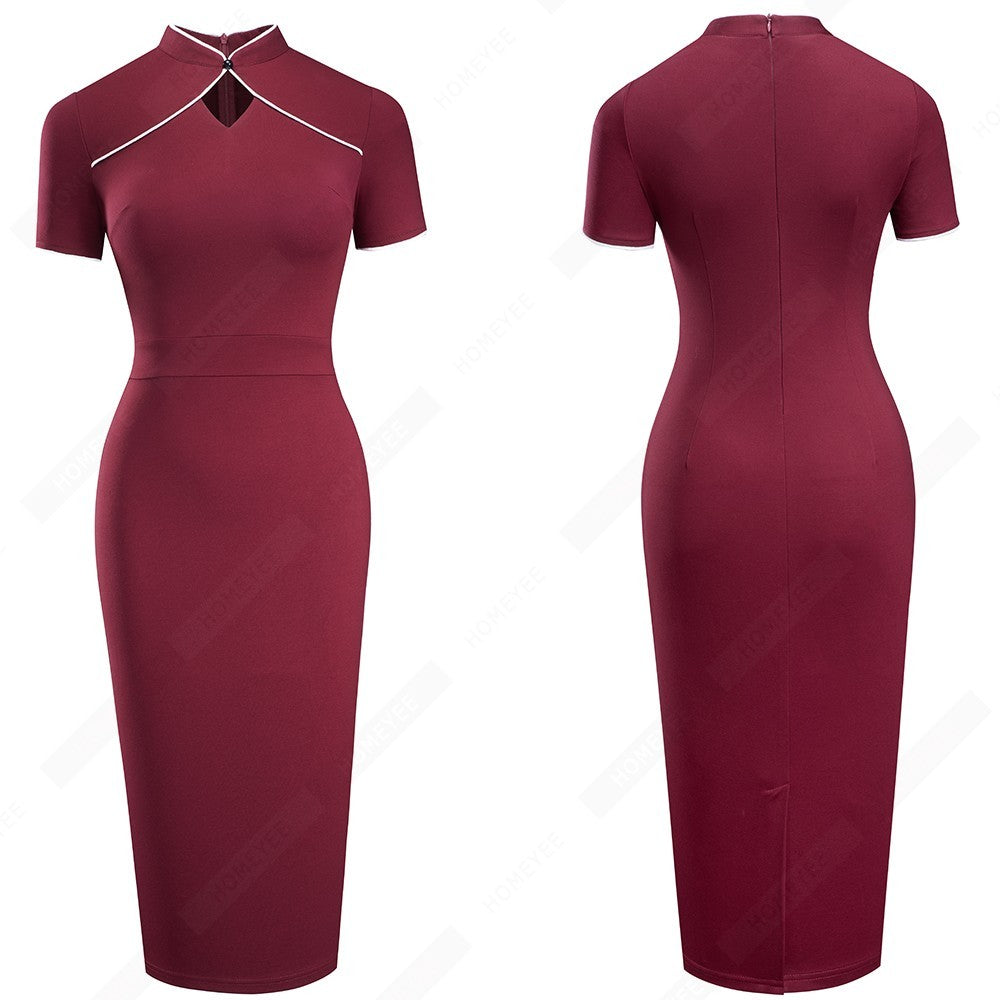 Retro Stand Collar Cut Out Dress With Buttocks