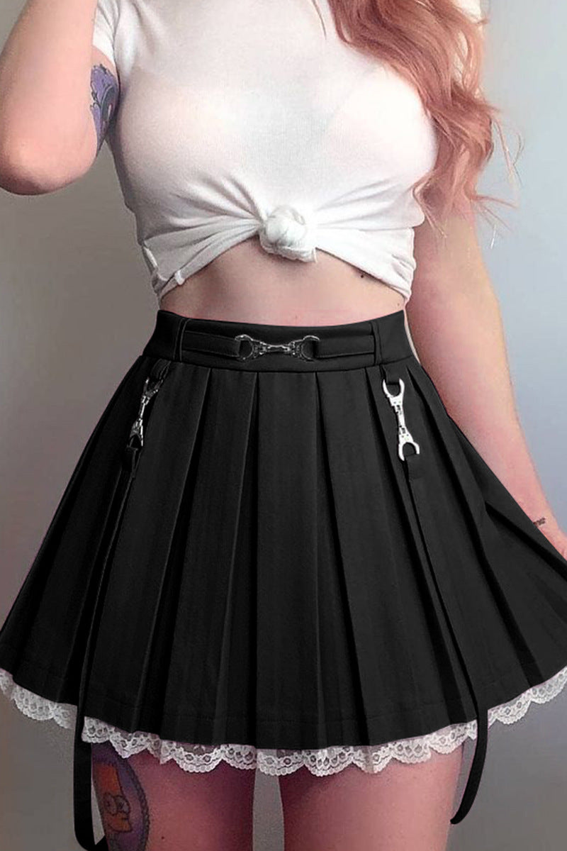 High-waist Lace Stitching Contrast Streamer Pleated Skirt