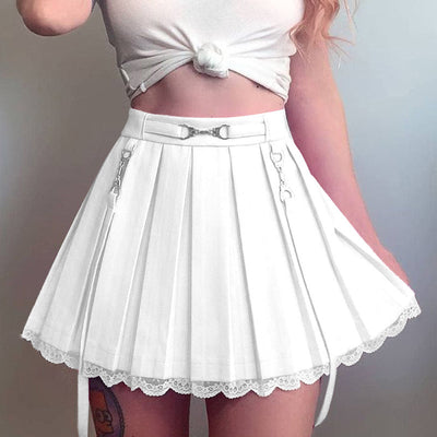 High-waist Lace Stitching Contrast Streamer Pleated Skirt