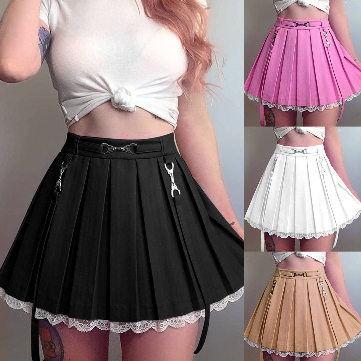 High-waist Lace Stitching Contrast Streamer Pleated Skirt