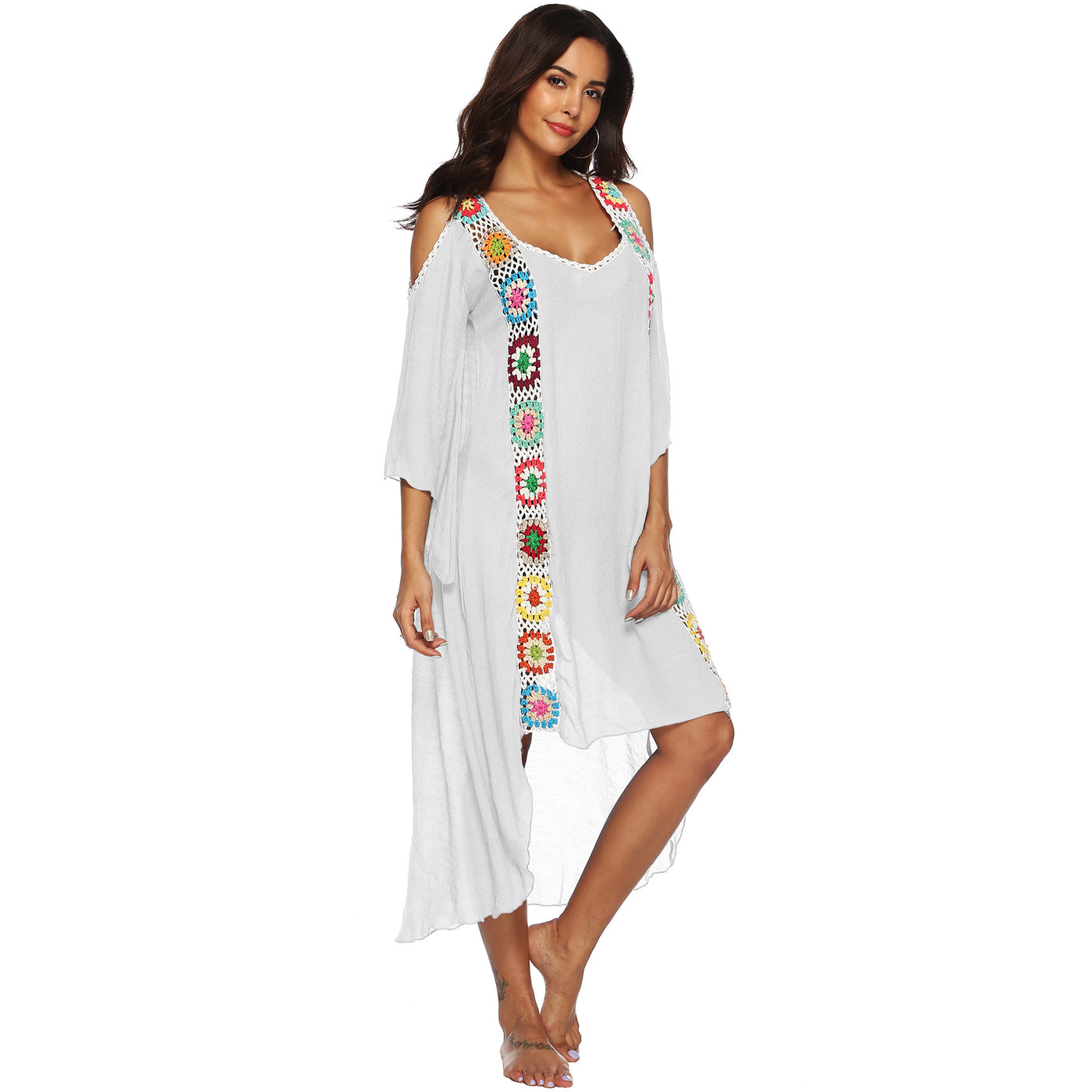 Rainbow Color Hand Crochet Flower Stitching Strapless Irregular Beach Dress Robe - HJG