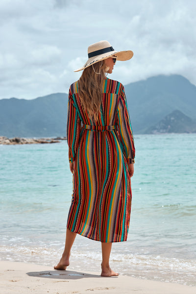 Cover The Flesh And Show The Thin Color Striped Beach Skirt Seaside Vacation Long-Sleeved Sun Protection Clothing Long Shirt Swimsuit Coverall Jacket