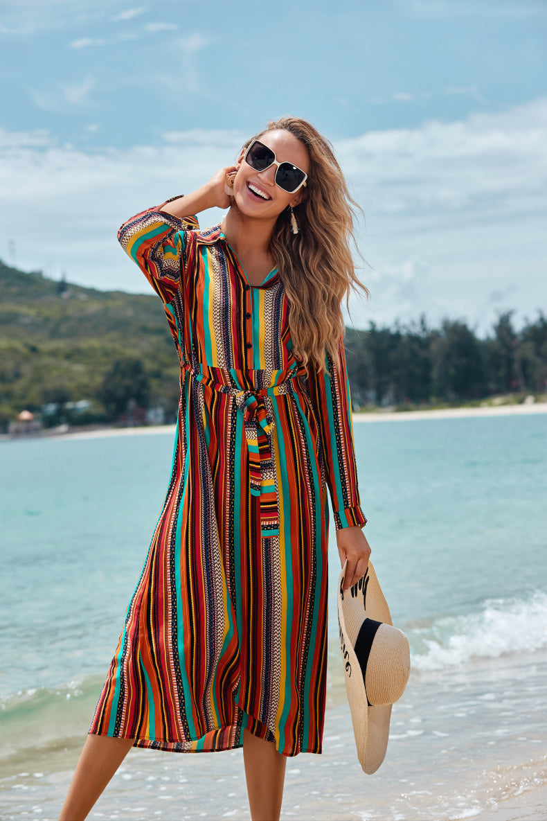 Cover The Flesh And Show The Thin Color Striped Beach Skirt Seaside Vacation Long-Sleeved Sun Protection Clothing Long Shirt Swimsuit Coverall Jacket