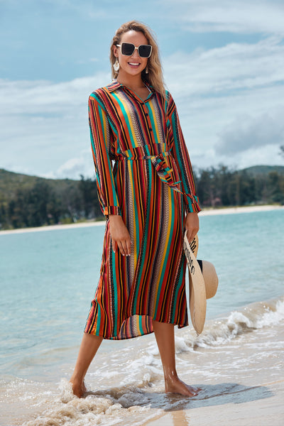 Cover The Flesh And Show The Thin Color Striped Beach Skirt Seaside Vacation Long-Sleeved Sun Protection Clothing Long Shirt Swimsuit Coverall Jacket