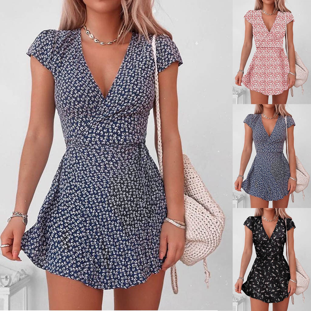 Half-Sleeve V-Neck Sexy Mini Floral Summer Commuter Dress