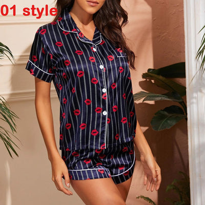 Summer Satin Women Pajams Print V-Neck Stretch Lingerie Female Sleepwear Casual Shorts Set Loungewear Women