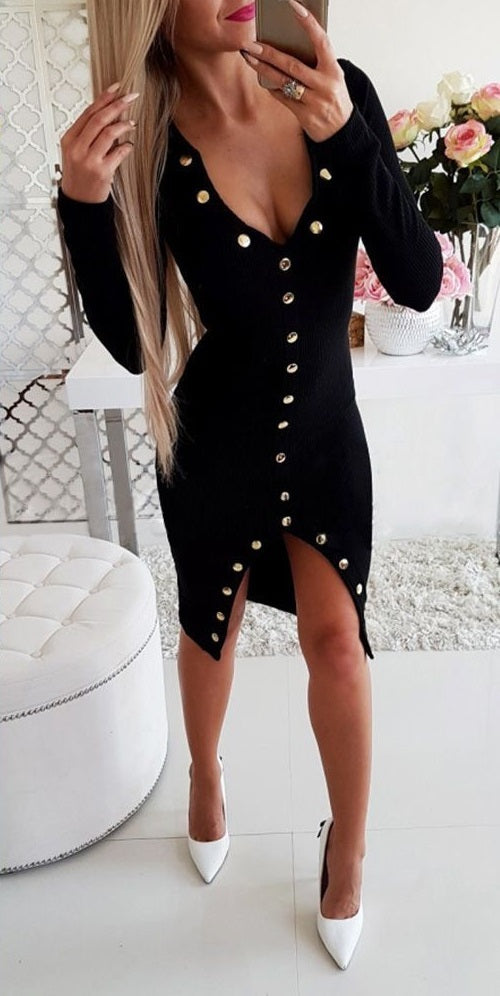 Party Night Sexy Women Dress Long Sleeve Autumn Winter Slim Tight Split Button Solid Black