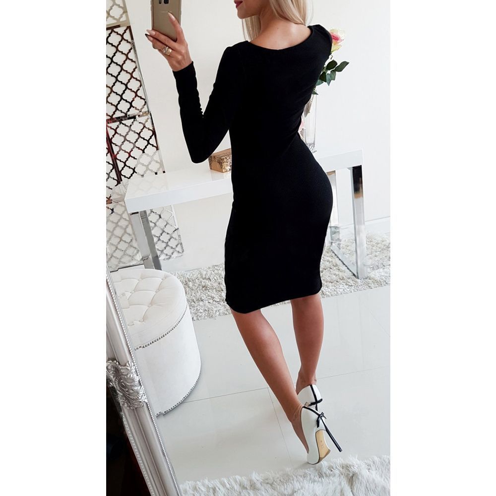 Party Night Sexy Women Dress Long Sleeve Autumn Winter Slim Tight Split Button Solid Black