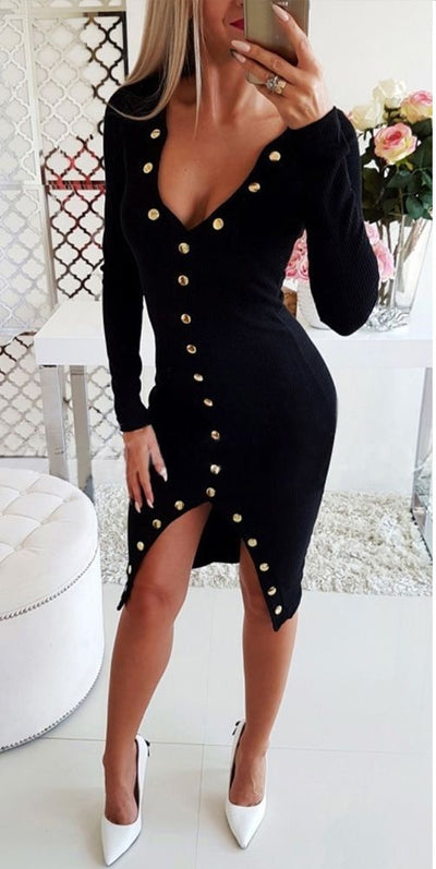 Party Night Sexy Women Dress Long Sleeve Autumn Winter Slim Tight Split Button Solid Black