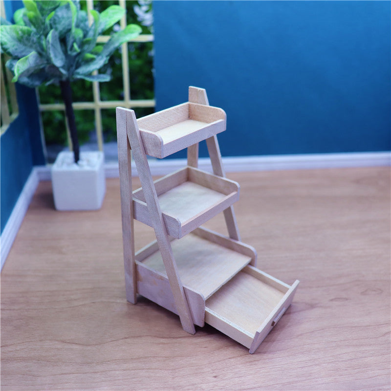 Mini Furniture Model Props Wood Color Three-layer Storage Flower Rack