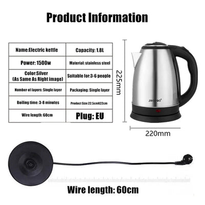 1.8L 220V Stainless Steel Electric Kettle Silver Black Base Separation Desion Rust - resistant Durable for Home During Travel - HJG