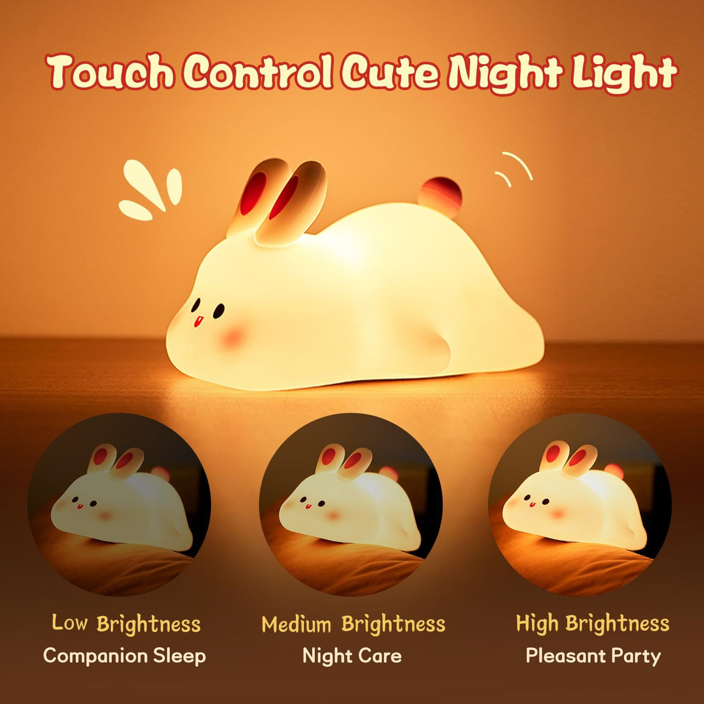 Cute LED Night Light Touch Sensor Cartoon Kid's Nightlights Big Face Rabbit Silicone Night Light Christmas Gift Bedside Lamp Home Decor - HJG