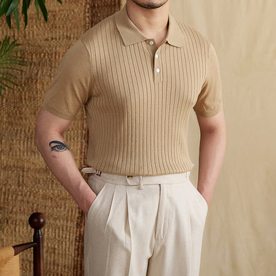 Slim Fit Sunken Stripe Polo Shirt Tencel Cotton Knit Breathable T-shirt