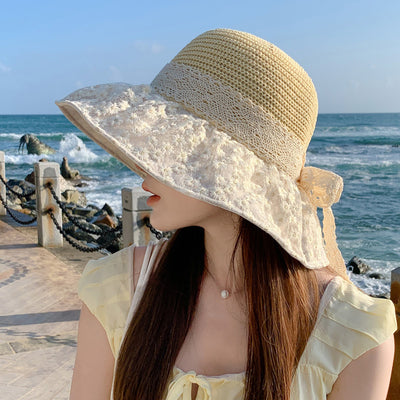 Lace Bow Straw Fisherman Hat Summer Outdoor Sunhat With Large Brim Anti-UV Sunshade And Face Protection Hat