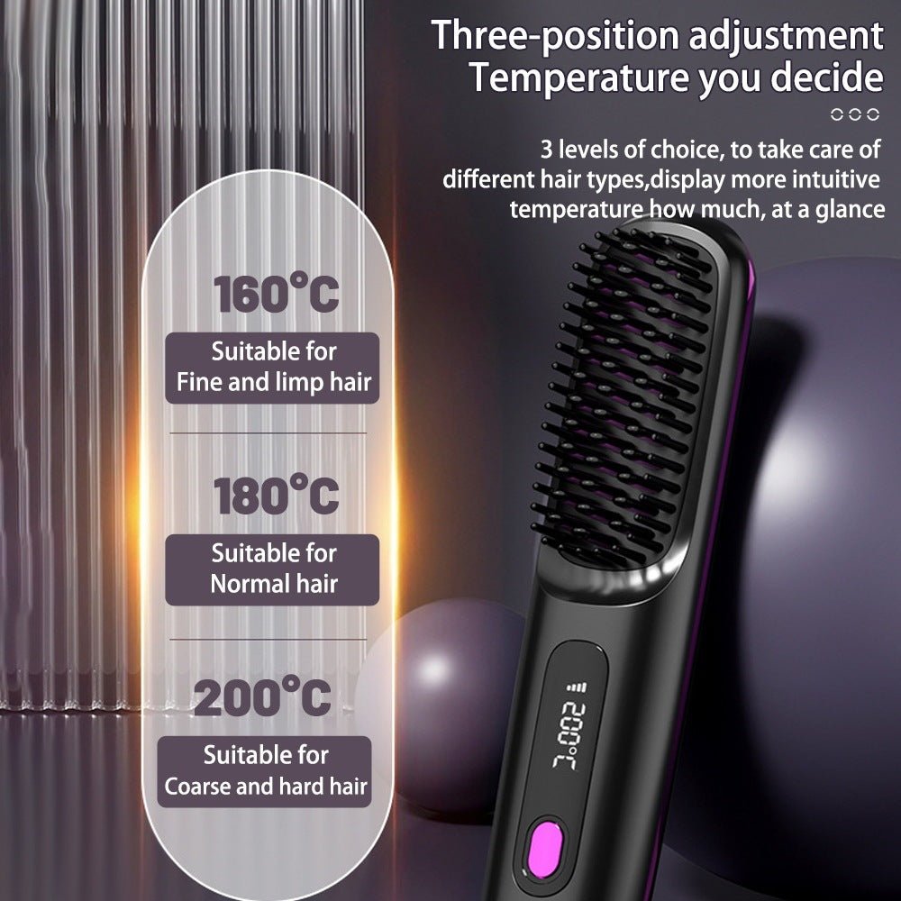 2 In 1 Straight Hair Comb Wireless Hair Straightener Brush Hair Fast Heating Portable Hot Curler USB Charging - HJG