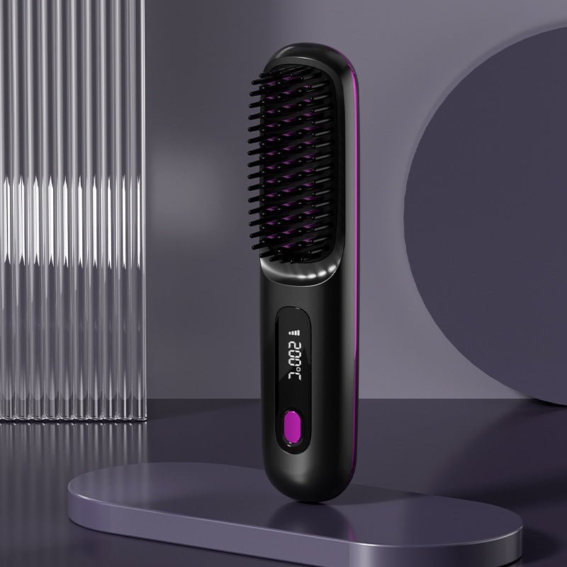 2 In 1 Straight Hair Comb Wireless Hair Straightener Brush Hair Fast Heating Portable Hot Curler USB Charging - HJG