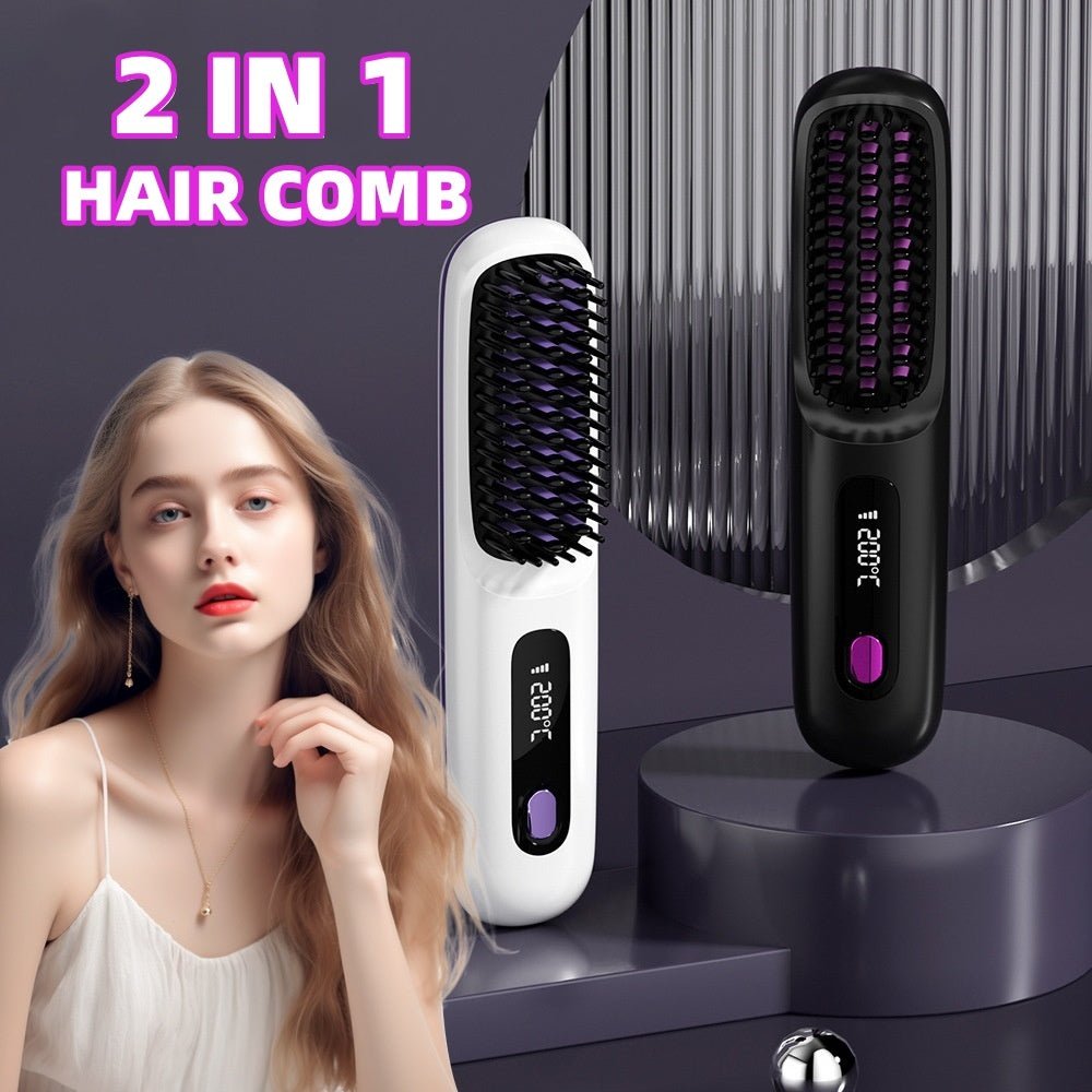 2 In 1 Straight Hair Comb Wireless Hair Straightener Brush Hair Fast Heating Portable Hot Curler USB Charging - HJG