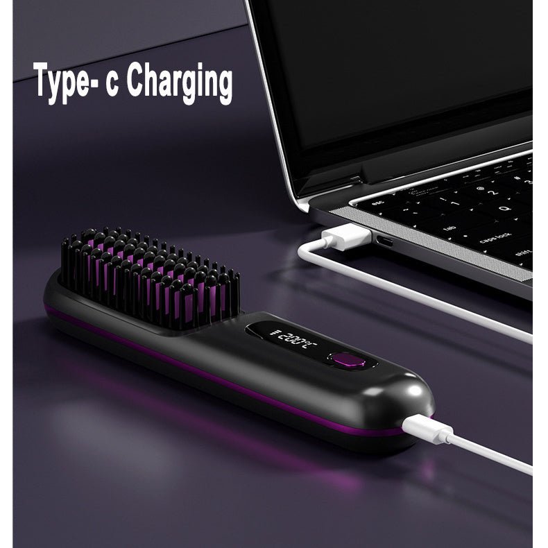 2 In 1 Straight Hair Comb Wireless Hair Straightener Brush Hair Fast Heating Portable Hot Curler USB Charging - HJG