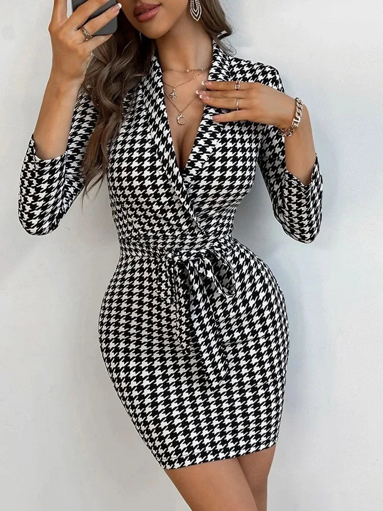 2023 F/W Dresses for Women Houndstooth Knot Waist Blazer Dress Vestidos De Mujer Casual Elegant Mini Robe Female - HJG