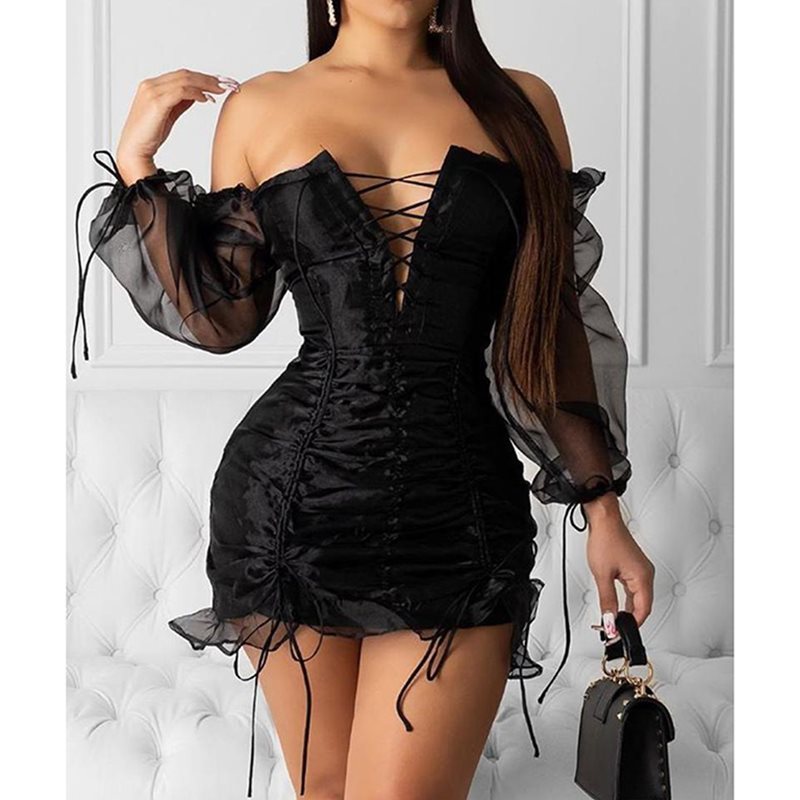 Women's black sexy party dress with mesh lace