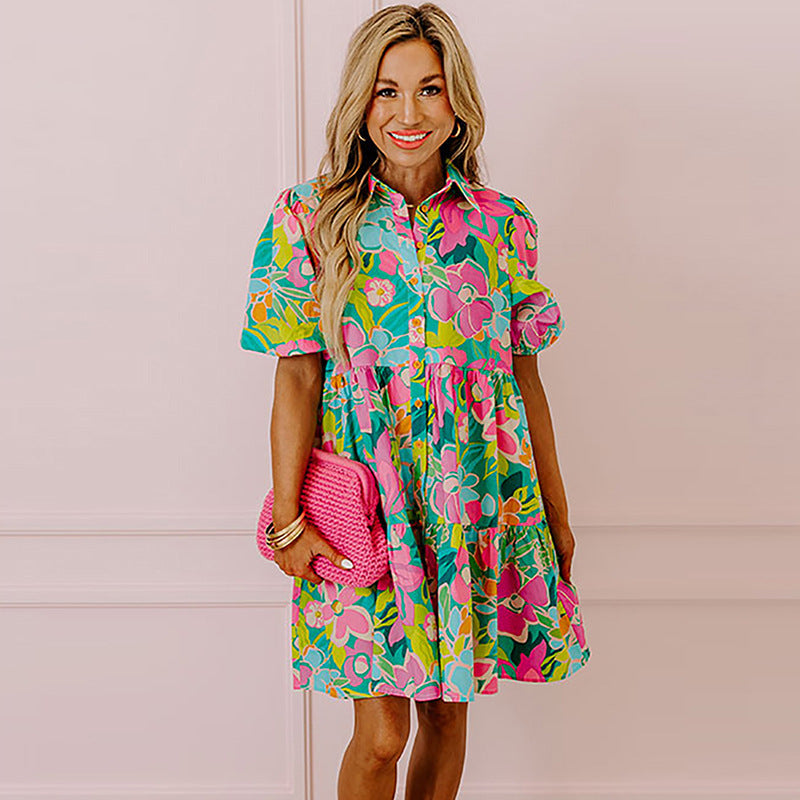 Summer Floral Print Puff Sleeve Dress