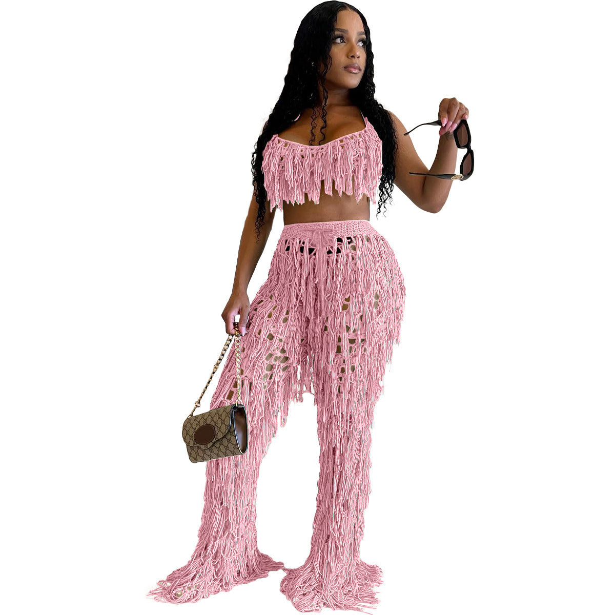 European And American Urban See-through Knitted Hand Crochet Tassel Beach Suit - HJG